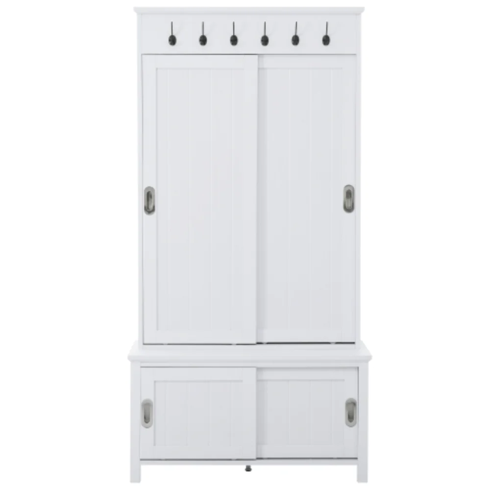 Multifunctional Hall Tree with Sliding Doors, Wooden Hallway Shoe Cabinet with Storage Bench and Shelves, Mudroom Coat Storage with Hanging Hooks for Entryways, White