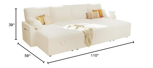 VanAcc Sofa Bed, Sleeper Sofa- 2 in 1 Pull Out Couch Bed with Storage Chaise for Living Room, White Sherpa 84in x 59in x 39in