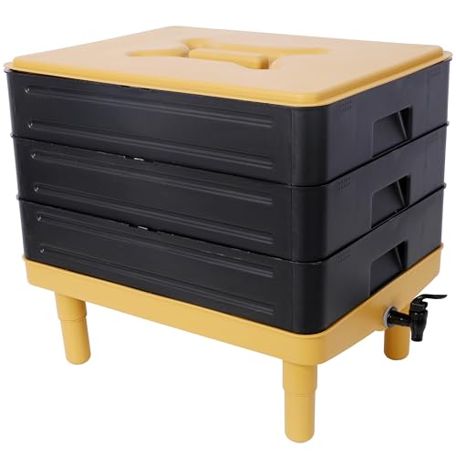 3 Tray Worm Composter, 3-Tray Worm Farm Kit, Indoor & Outdoor Worm Composter, 65L Worm Composter for Vermicomposting Starter, Worm Compost Bin for Recycling Food Waste, Yellow and Black
