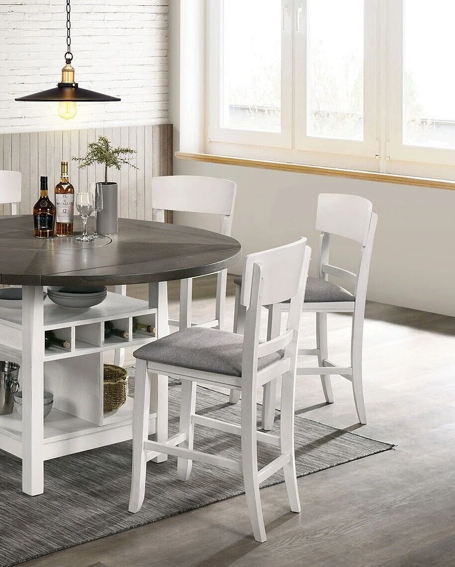 White Solidwood Unique Frame Padded Seat Set of 6 Counter height Chairs Light Gray Fabric Cushion Seat Dining Room Furniture