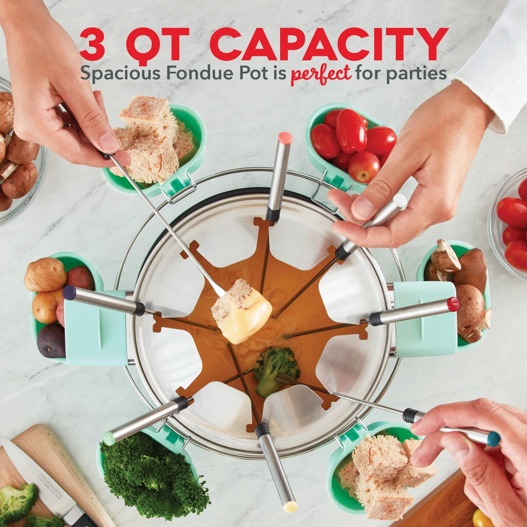 Dash Stainless Steel Deluxe Fondue Maker with Temperature Control Fondue Forks, Cups, and Rack, with Recipe Guide Included, 3-Quart, Non-Stick