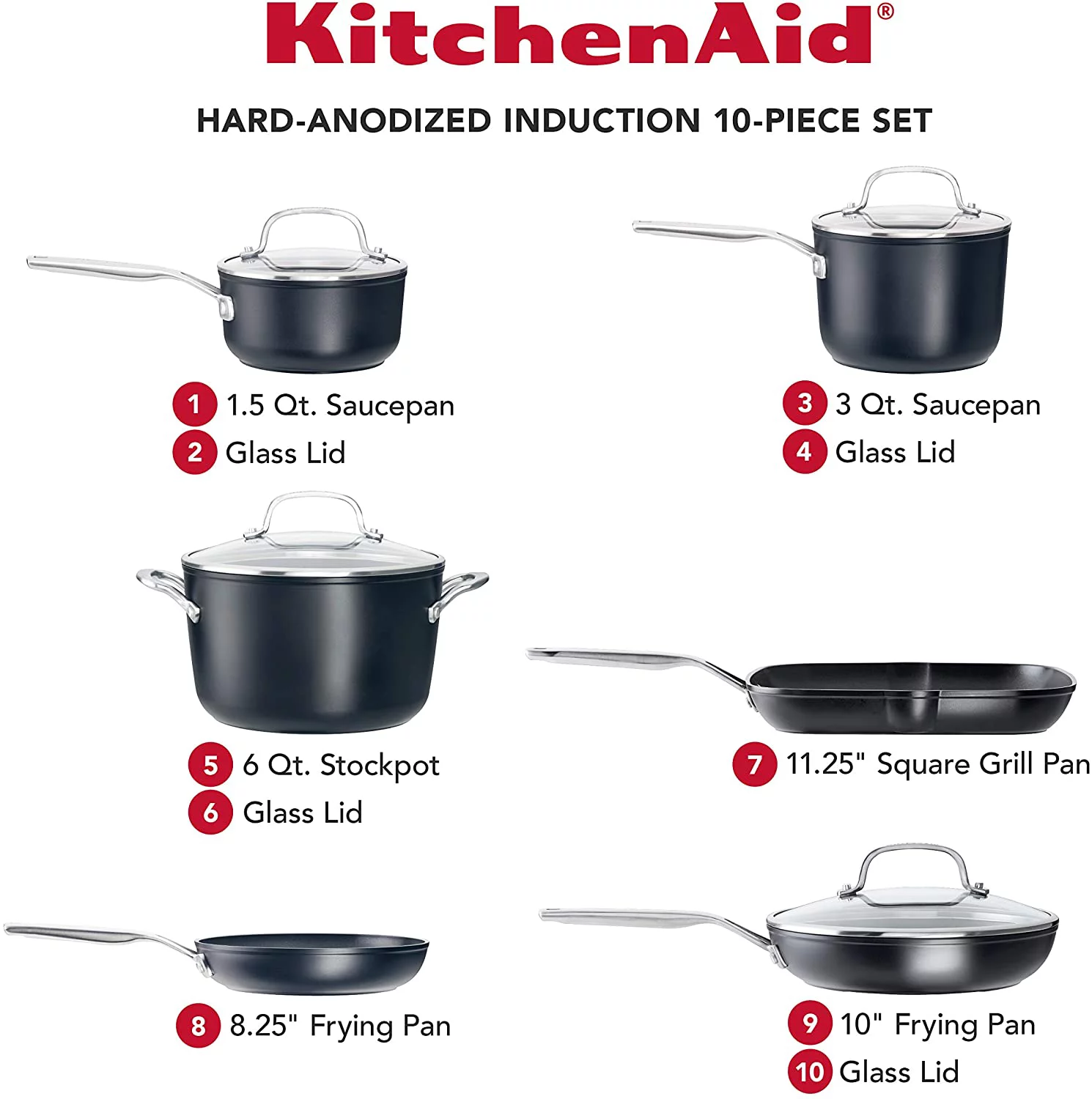 Excellent KitchenAid Hard Anodized Induction Nonstick Frying Pans / Skillet Set  4 Piece - Matte Black