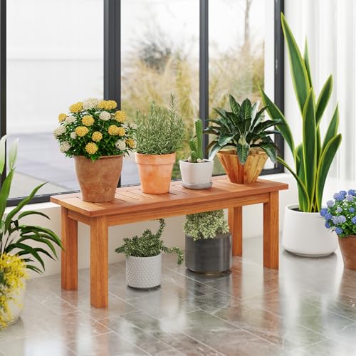 Tangkula Wooden Plant Stand, Outdoor Indoor Solid Wood Flower Pot Holder Display Shelf with Teak Oil Finish, Slatted Top, Rustic Plant Rack for Patio Garden Entryway Porch