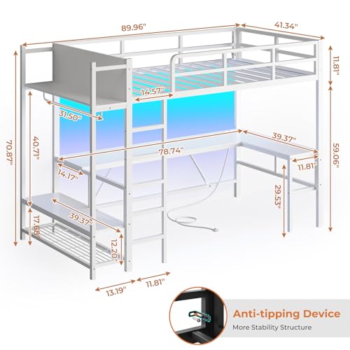 Itaar Twin Loft Bed with L-Shaped Desk, LED Lights and Charging Sation, Loft Bed Twin Size with 3-Tier Storage Shelves and Clothes Rail, Safety Guard & Ladder, No Box Spring Needed, Rustic Brown