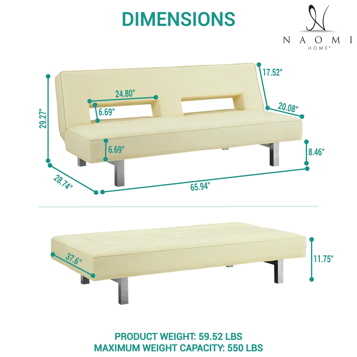 Modern Convertible Futon Sofa Bed with Chrome Metal Legs, European Style Reclining Futon Sofa, Faux Leather, Cream