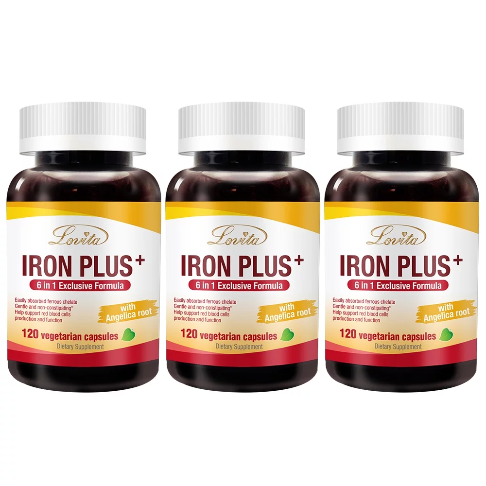 Lovita Iron Plus, Iron Supplement 18 mg (from Ferrous Bisglycinate Chelated Iron) Plus Vitamin C & Angelica Root, Gentle Iron Supplement for Anemia, Non Constipating Formula, 120 Capsules (Pack of 3)