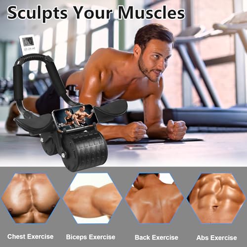 2024 New Ab Roller Wheel with Knee Mat & Timer, Automatic Rebound Abdominal Exercise Roller with Elbow Support for Women & Men