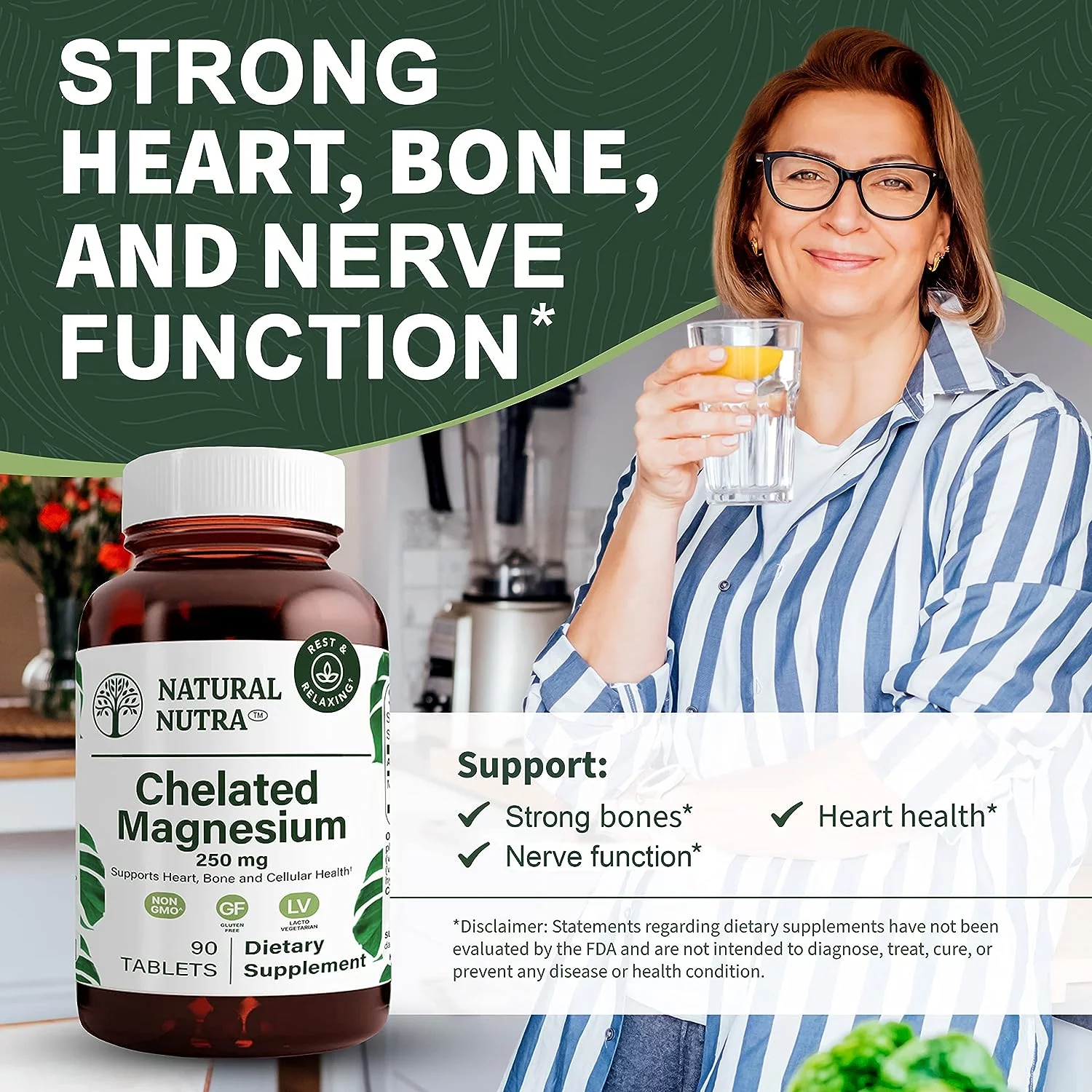Natural Nutra Chelated Magnesium Oxide 250mg, Promotes Healthy Bones, Dental Health - 90 Tablets