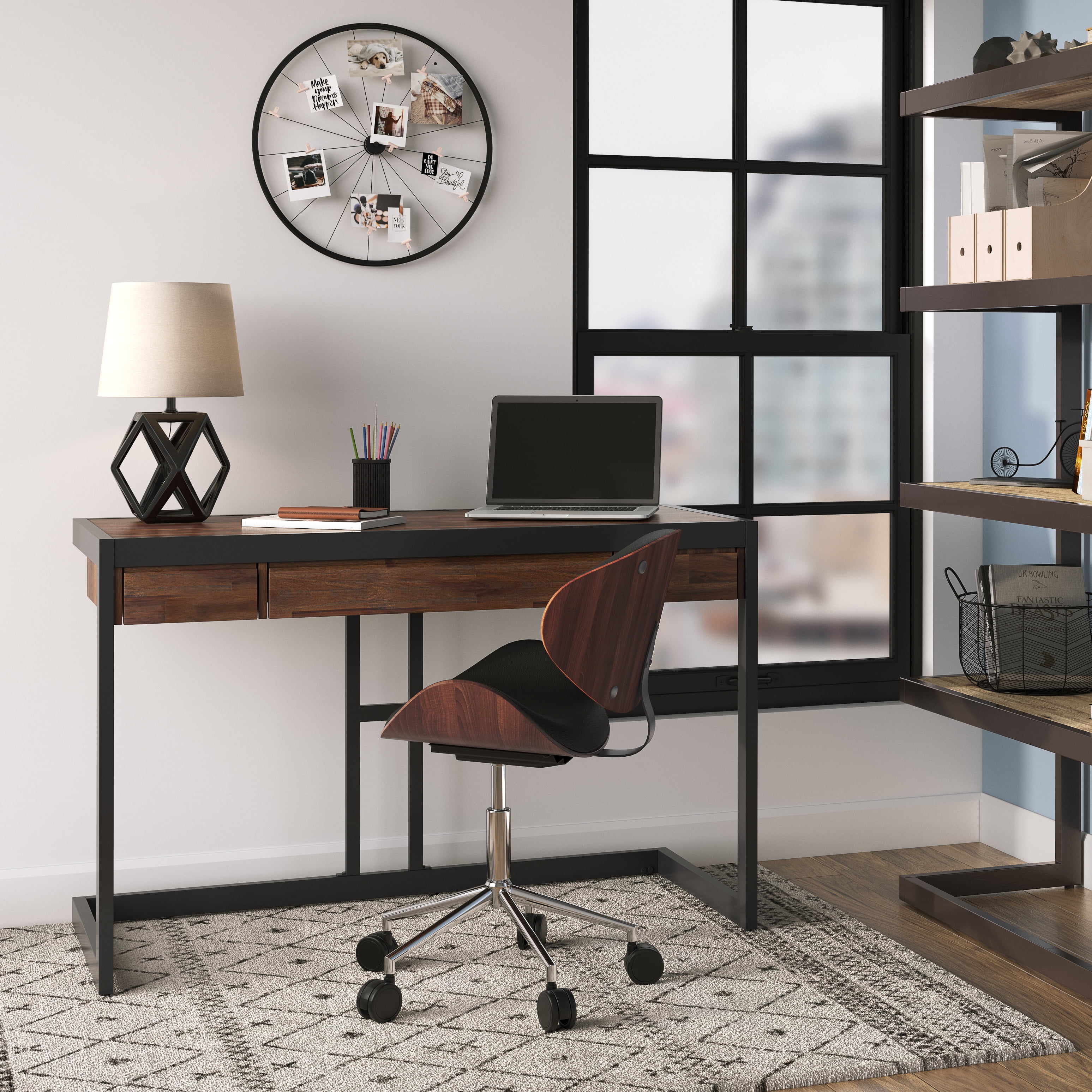 Simpli Home Erina Wood Small Desk in Distressed Charcoal Brown