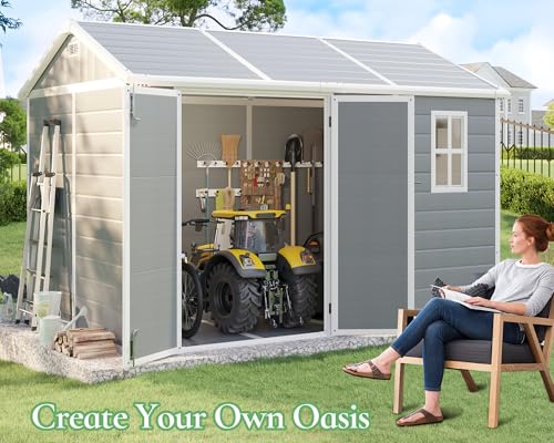 10.5x7.6x7.5 ft Outdoor Resin Storage Shed with Floor, Windows & Air Vents, Large Waterproof Tool Shed for Garden, Backyard, Lawn Equipment & Bikes, Grey