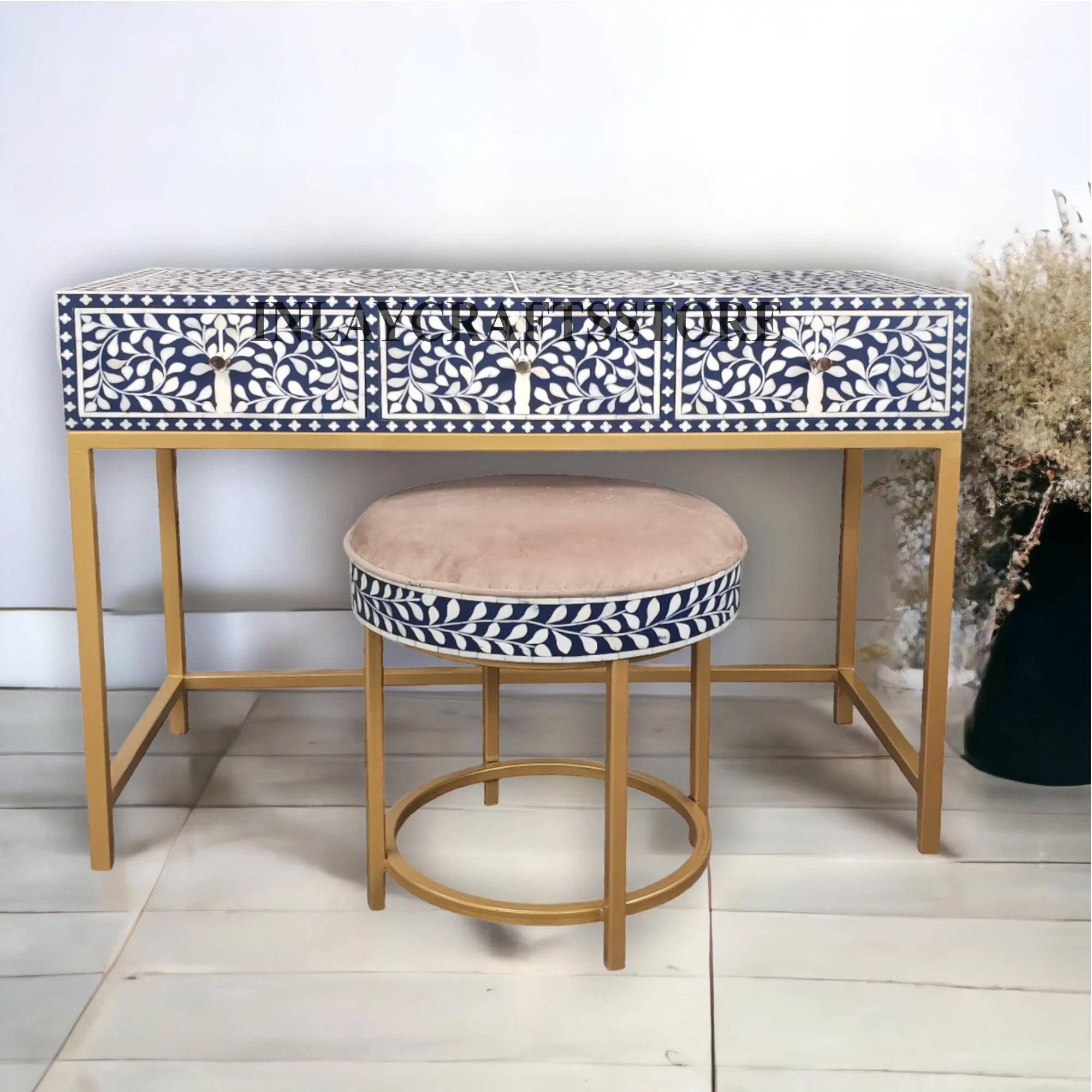 LAKECITY ARTS Bone Inlay Scrollvine 3 Drawers Console and Stool Indigo Blue, Bone Inlay Scrollvine Desk and Stool Indigo Blue, Bone Inlay Storage Unit