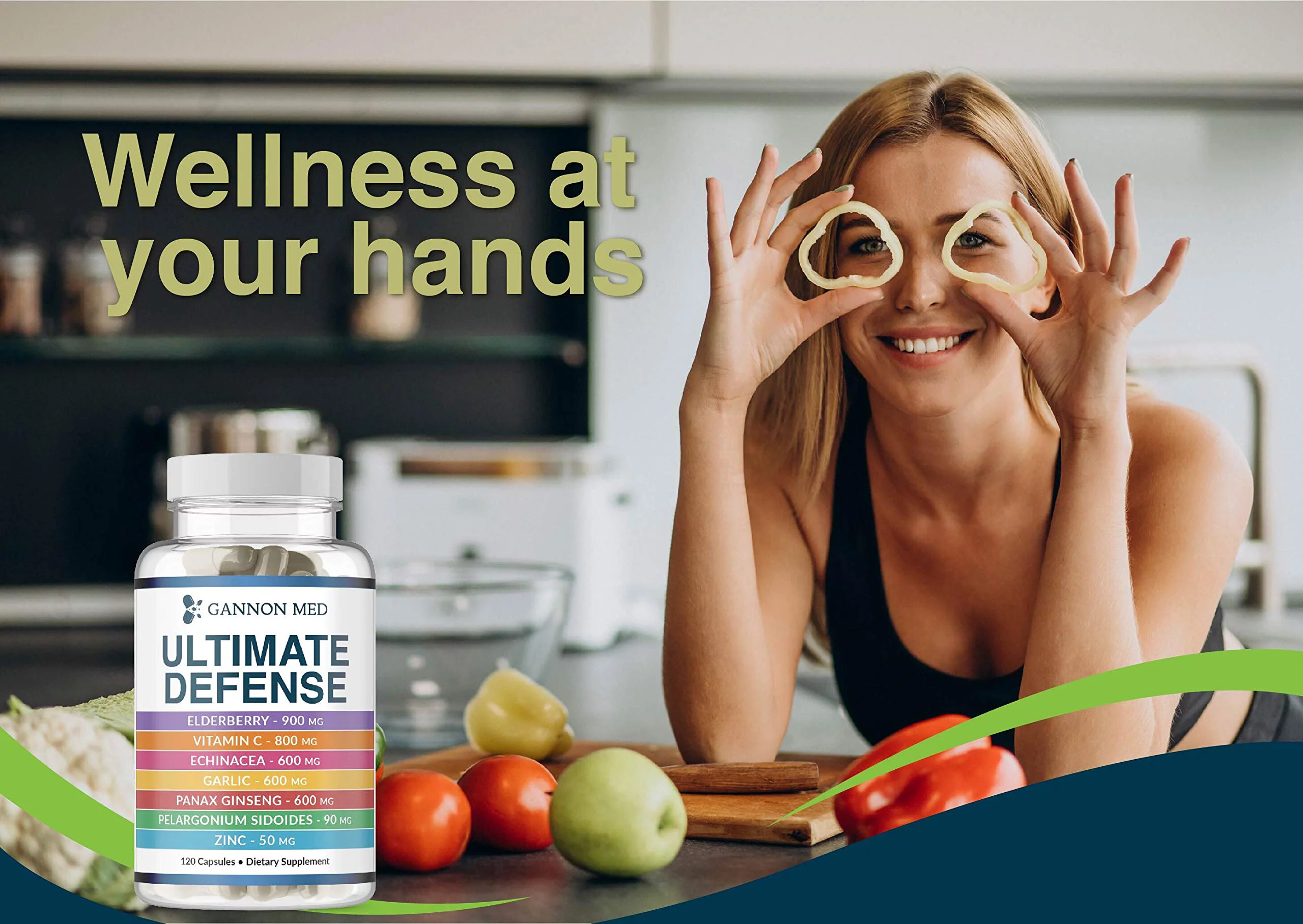 Ultimate Defense - Zinc 50mg - Vitamin C 800mg - Sambucus Elderberry 900mg - Echinacea P. 600mg - Garlic 600mg - Ginseng 600mg - Pelargonium S. 90mg - Synergistic System Booster - 120 Vegan Caps - USA