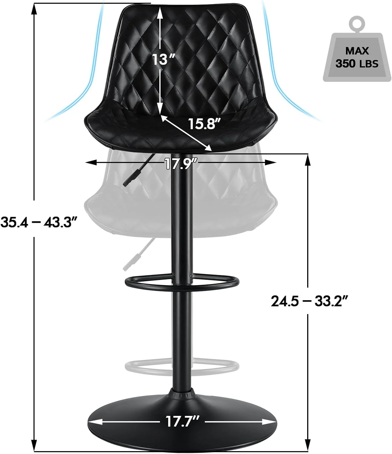 Waleaf Upholstered Bar Stools Set of 2, Adjustable Counter Height Leather Dining Bar Stools with Back