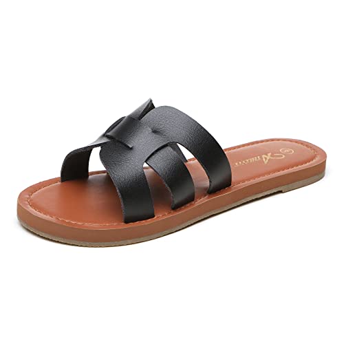 Athlefit Women's Flat Sandals Summer Casual Slip On Leather Slide Sandal