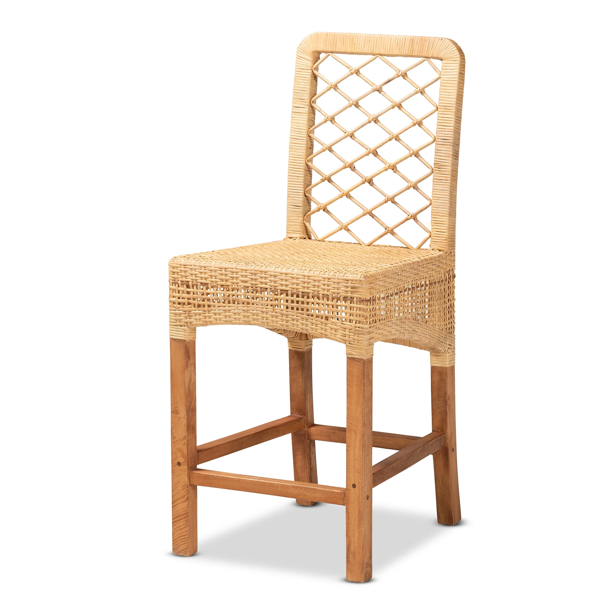 bali & pari Moscow Modern BoHo Natural Rattan and Walnut Brown Finished Wood Counter Stool