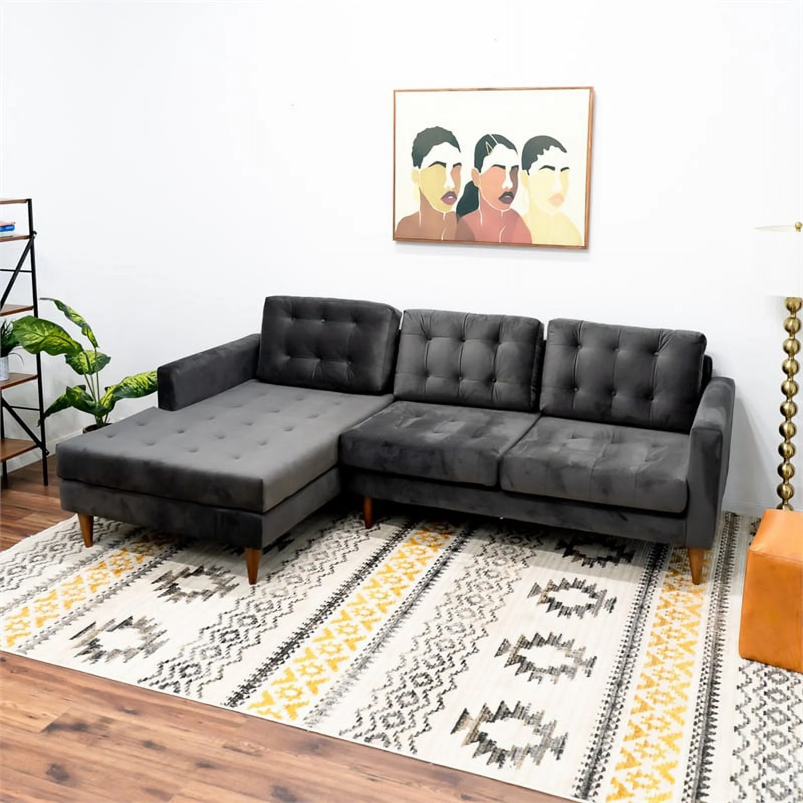 Whitney Modern Furniture Style Velvet Living Room Sectional Dark Gray Sofa