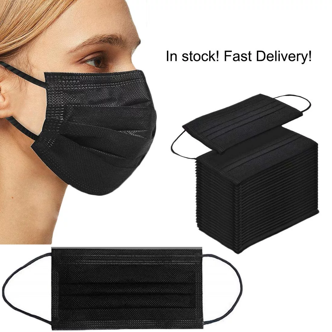 2000 Pack USA Made Disposable Face Masks Black, 3 Ply Breathable Protection Mask