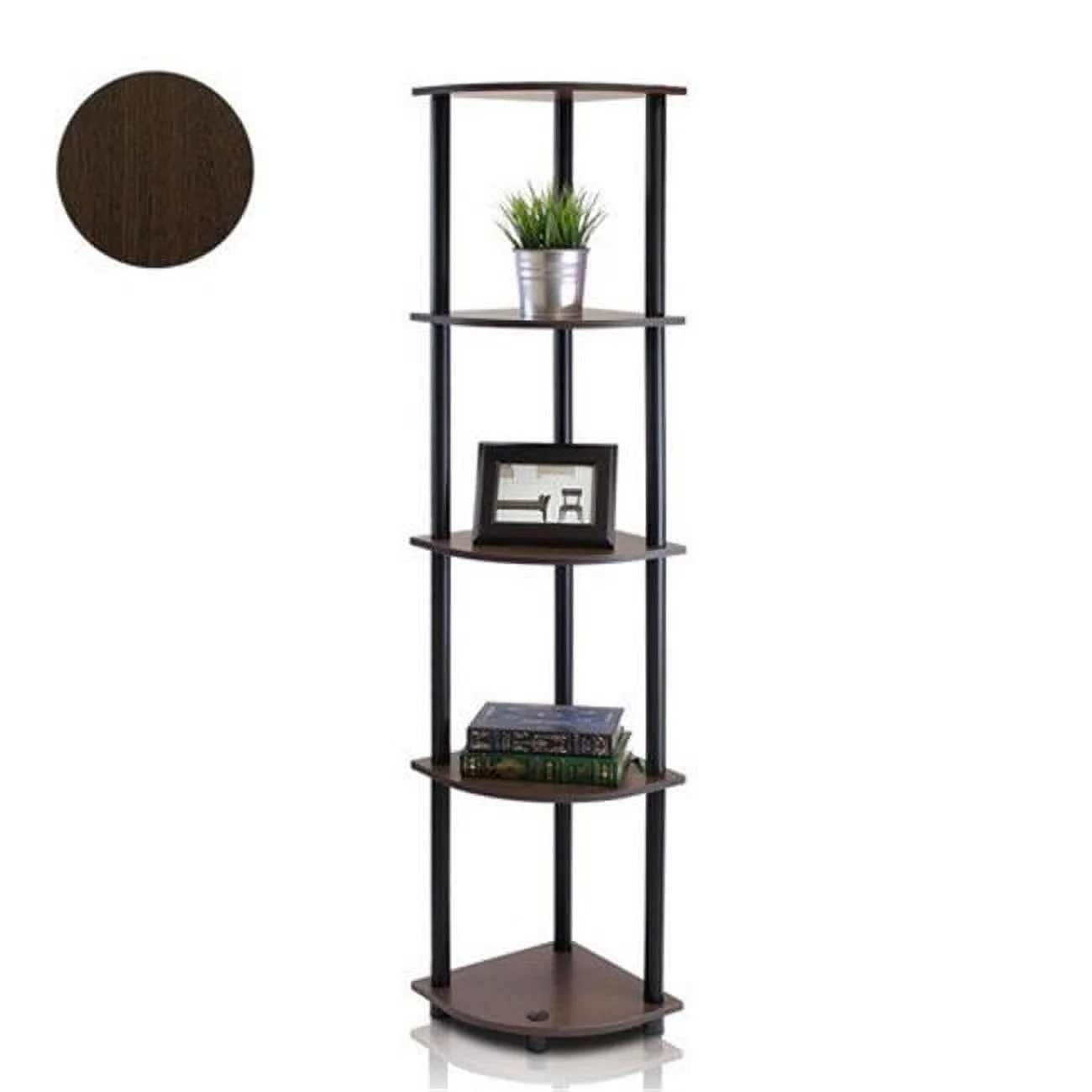 Furinno  Turn-N-Tube 5 Tier Corner Display Rack Multipurpose Shelving Unit - Dark Brown Grain & Black - 57.7 x 11.6 x 11.6 in.
