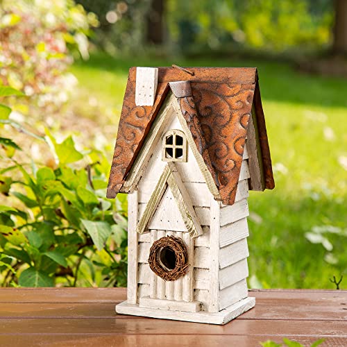 Glitzhome GH90086 Hanging Distressed Wooden Garden Cottage Birdhouse, White