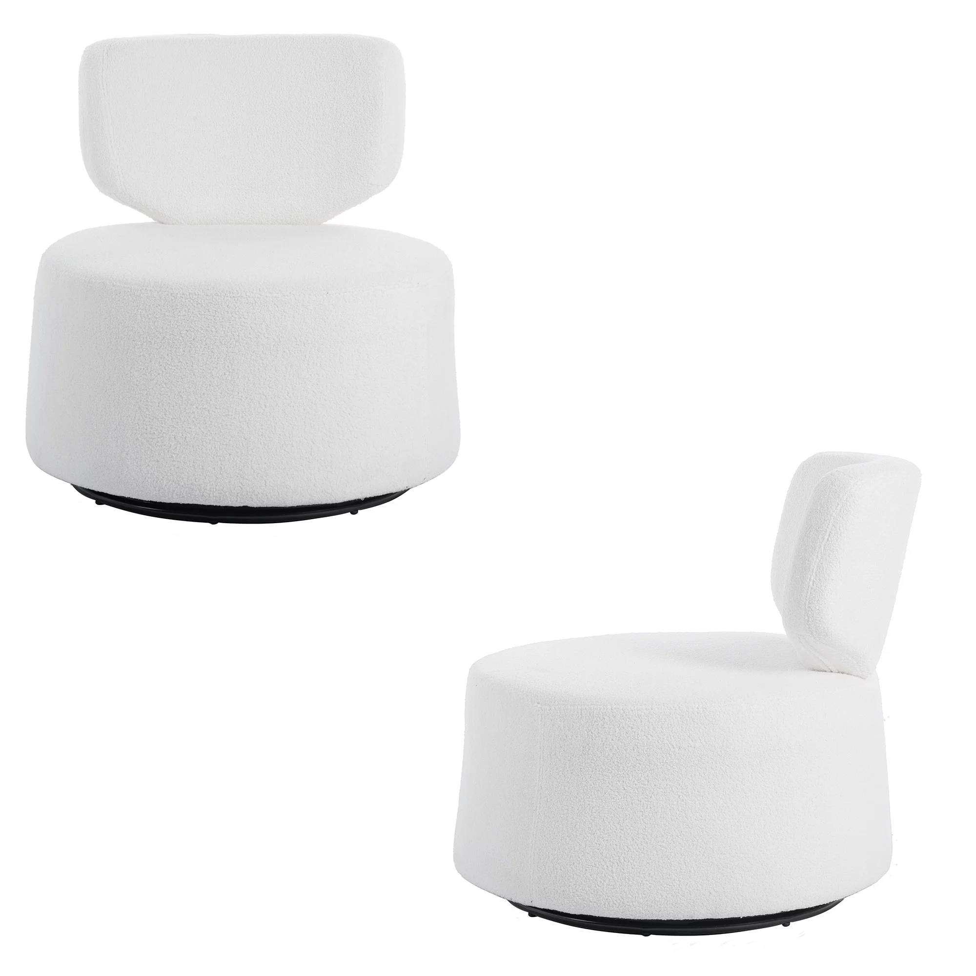 Comfortable and Casual Round Plush Cover Upholstered Low Swivel Chair, White