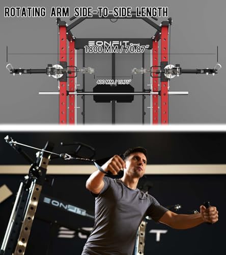 Eonfit E5 Smith Machine with Vertical Leg Press, Power Cage Squat Rack with LAT-Pull Down Cable Crossover Rotating Arms System Home Gym Equipment All in One (E5 RED)