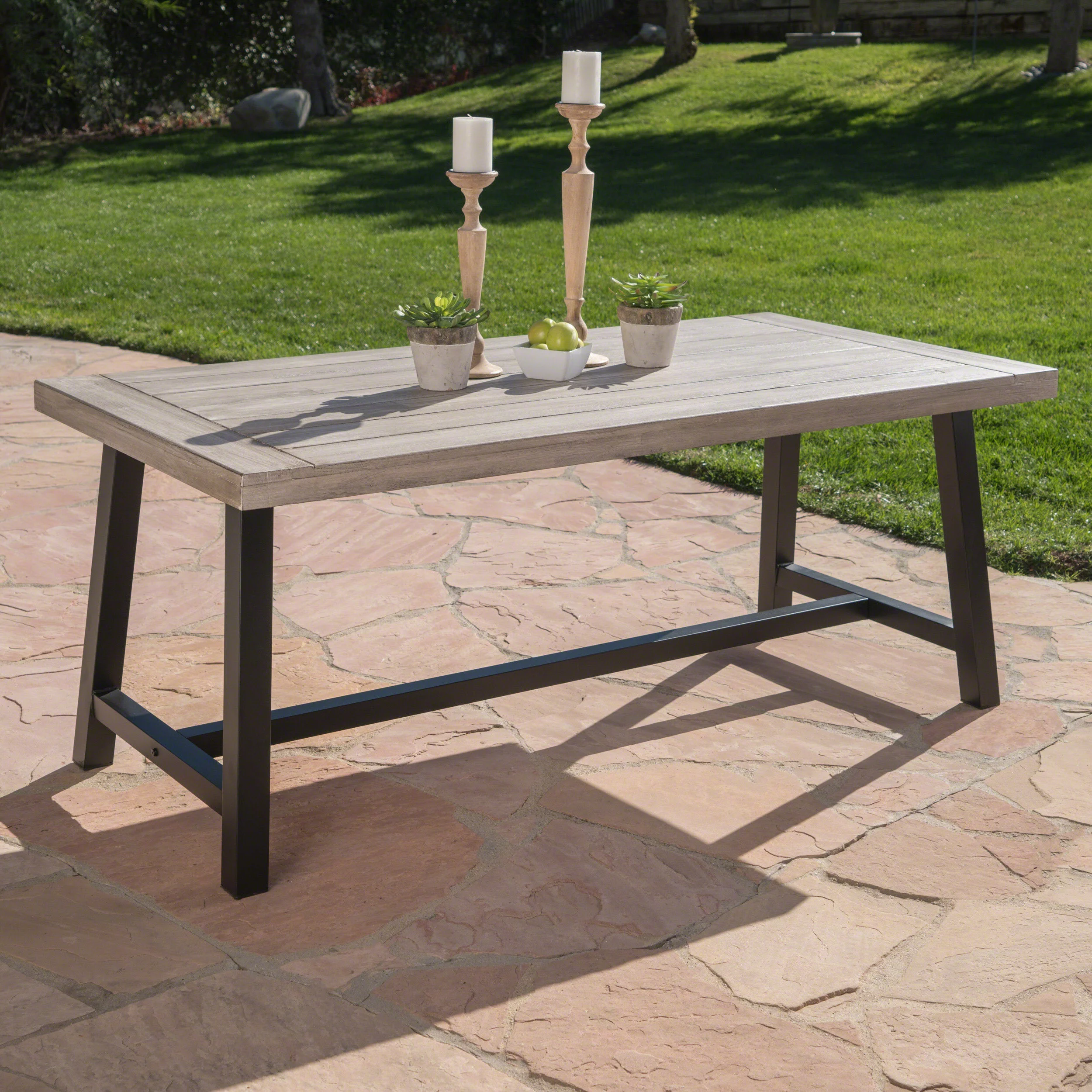 GDF Studio Bowman Outdoor Light Grey Sandblast Acacia Wood Rectangular Dining Table