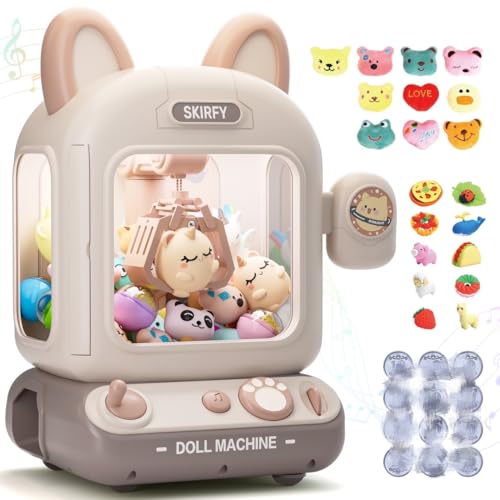Skirfy Mini Claw Machine for Kids,Vending Machine, Prize Dispenser Toys for Girls and Boys, Electronic Game for Party Birthdays Includes 32 Mini Toys(Brown)