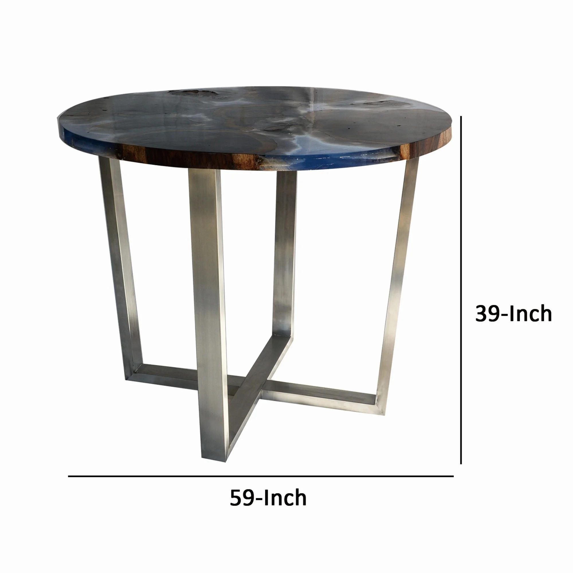 59 Inch Modern Dining Table, Resin Finished Rosewood, Black, Silver