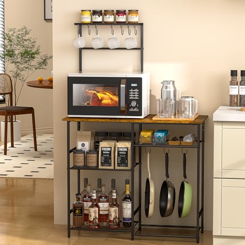Baker's Rack for Kitchen with Storage, Microwave Stand with Adjustable Shelves and 10 S Hooks, 6-Tier Coffee Bar Station, Kitchen Shelves for Spices, Pots, Rustic Brown