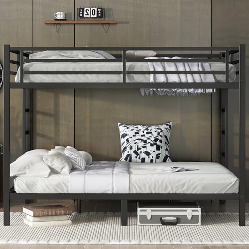 Heavy Duty Bunk Bed Frame with Ladder, Twin XL Over Twin XL Bunk Beds with Safety Guardrails, Adults Bunk Beds with Noise-Reducing Rubber Stoppers, Easy Assemble, Black