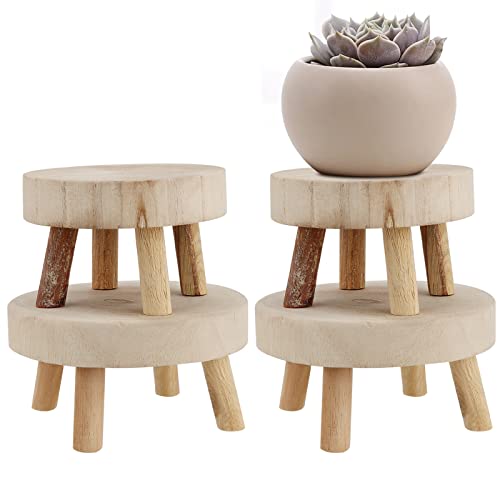 4 PCS Mini Wooden Stool Plant Stand, Small Plant Display Stool, Wood Plant Riser Stands, Round Wood Plant Holder for Indoor and Outdoor Home Decor, 2 Sizes