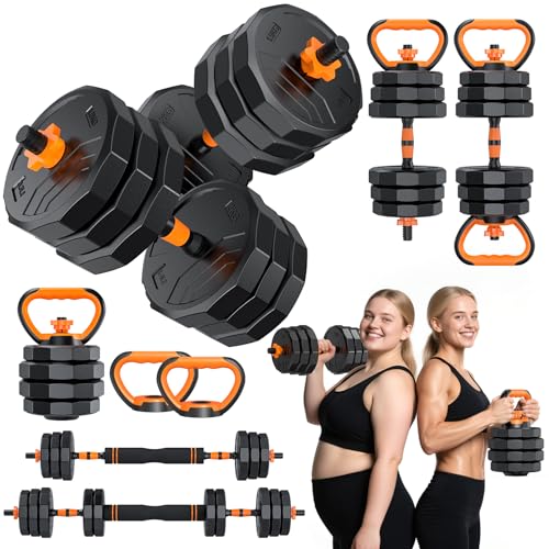 5-in-1 Adjustable Dumbbell Set, 33/44/66/88lbs Free Weights Set with Connector, Used as Kettlebells, Barbell, Push up Stand, Standard 1