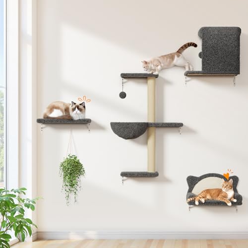 Cat Wall Shelves 4-in-1 Modern Climbing Wall Furniture Set for Cats with Scratching Posts, Cat Bed & Sofa, Space-Saving Perch for 16
