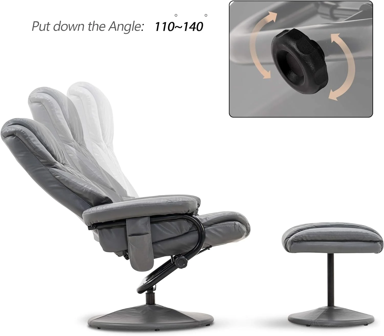 Recliner With Ottoman, Reclining Chair With Massage, 360 Swivel Living Room Chair Faux Leather, 4901 (Grey)