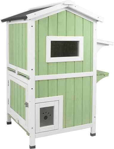 Outdoor Cat Shelter Weatherproof, Two Story Wooden Outside Feral Cat House with Openable Roof, Escape Door