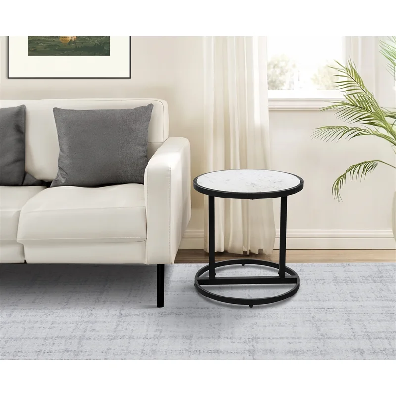 Beri Side End Table Round White Natural Marble Top Classic Slim Black Iron Frame