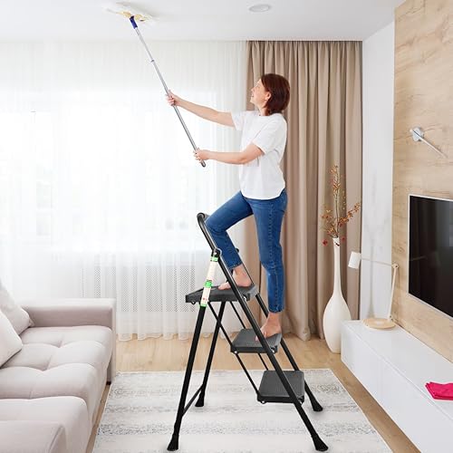 3 Step Ladder, Protable Steel Folding Stool with Wide Anti-Slip Pedal, 500lbs Sturdy Steel Ladder, Black