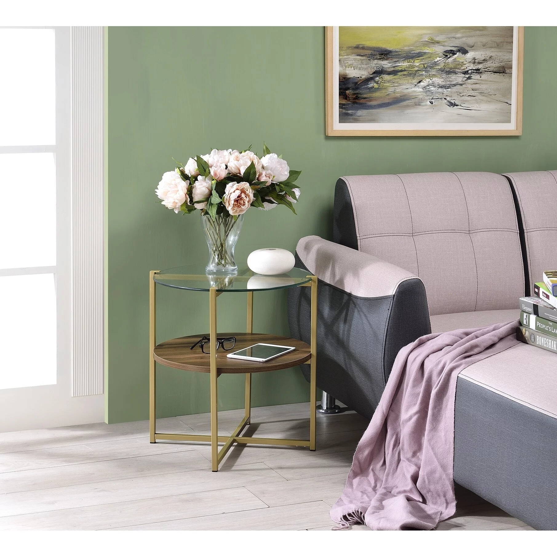 Fox Hill Trading Millenial Round Wood and Metal End Table in Gold