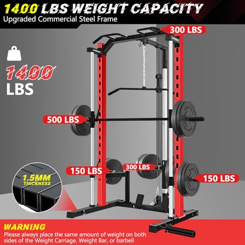 OPPSDECOR Smith Machine Squat Rack with LAT-Pull Down Multifunctional Power Rack with Cable Crossover Machine Power Cage with Barbell Bar Full Body Training Attachments for Home & Garage Gym