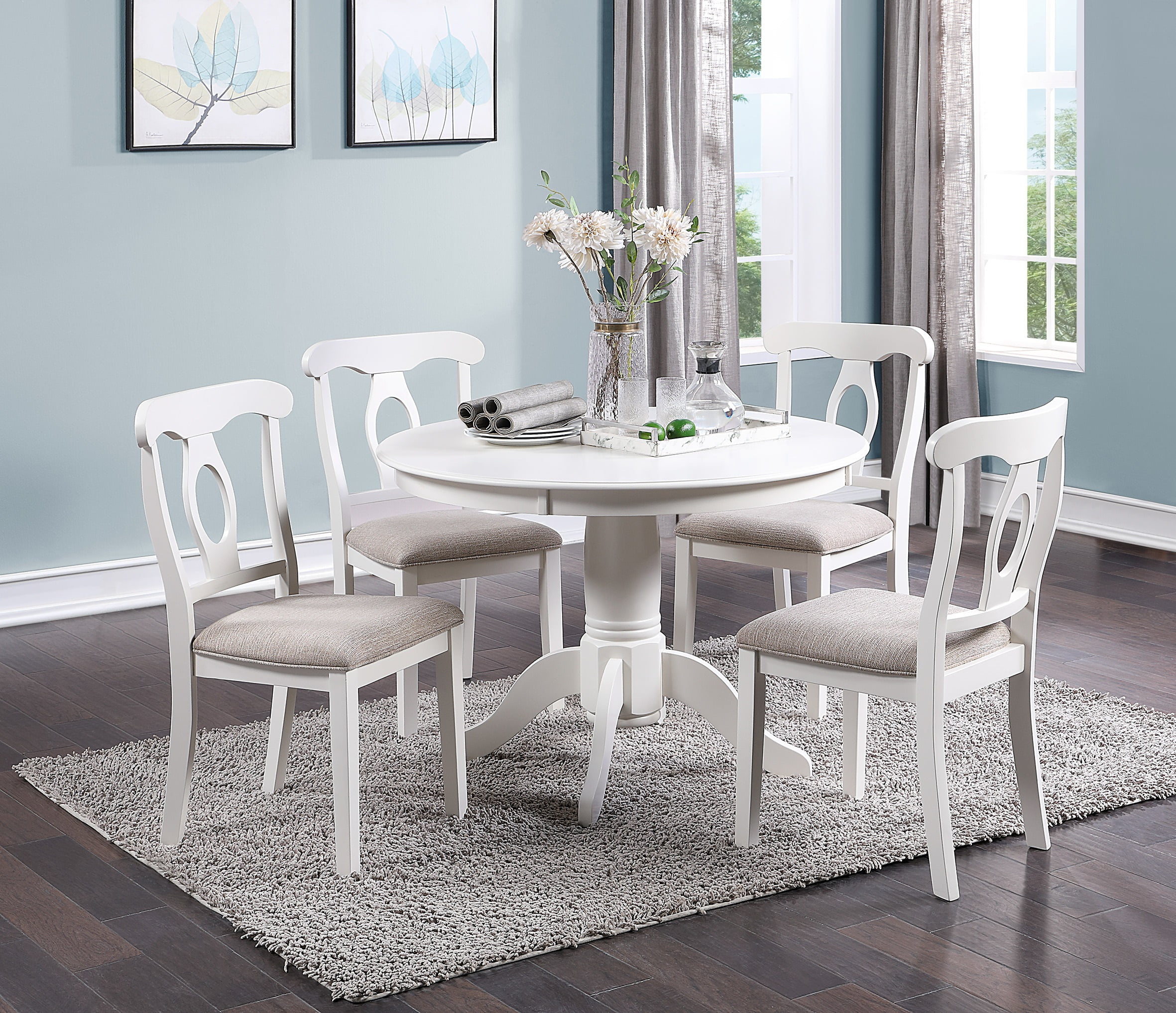 ikayaa Classic Design Dining Room 5pc Set Round Table 4x side Chairs Cushion Fabric Upholstery Seat Rubberwood Furniture