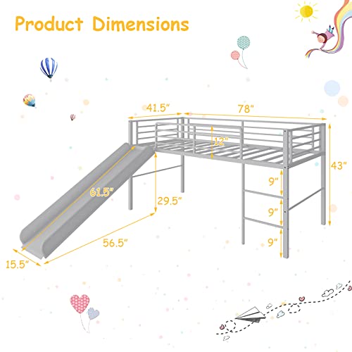 Giantex Twin Loft Bed with Slide, Metal Low Bunk Bed w/Safety Guardrails & Built-in Ladder, Toddler Bed Floor Frame for Boys & Girls, No Box Spring Needed (White)