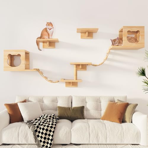 PETKABOO Cat Wall Shleves and Perches, Pine Wooden Cat Wall Furniture Climbing Shelves with Climber, Condo, Scratching Post, Ladder & Platform