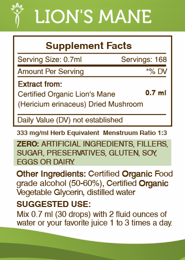 Lion's Mane Tincture Alcohol Extract, Organic Lion's Mane (Hericium erinaceus) Dried Mushroom 2x4 oz