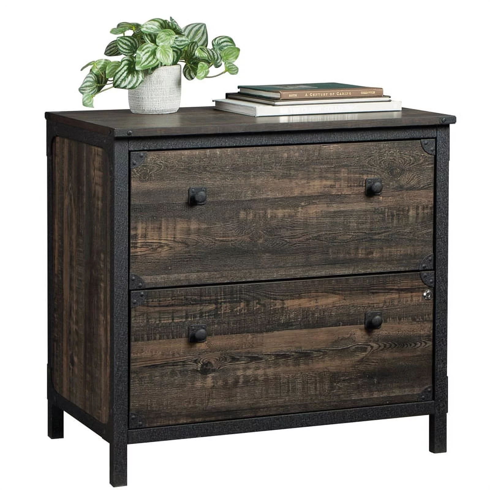 Home Square 2-Piece Set with Lateral File and Library Hutch in Carbon Oak