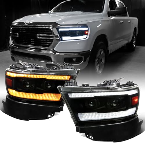 Fits 2019-2024 Ram 1500 Halogen Dual Projector Headlights LED Switchback Sequential Turn Signal + Animated Startup Effect Assembly Pair | Black Smoke