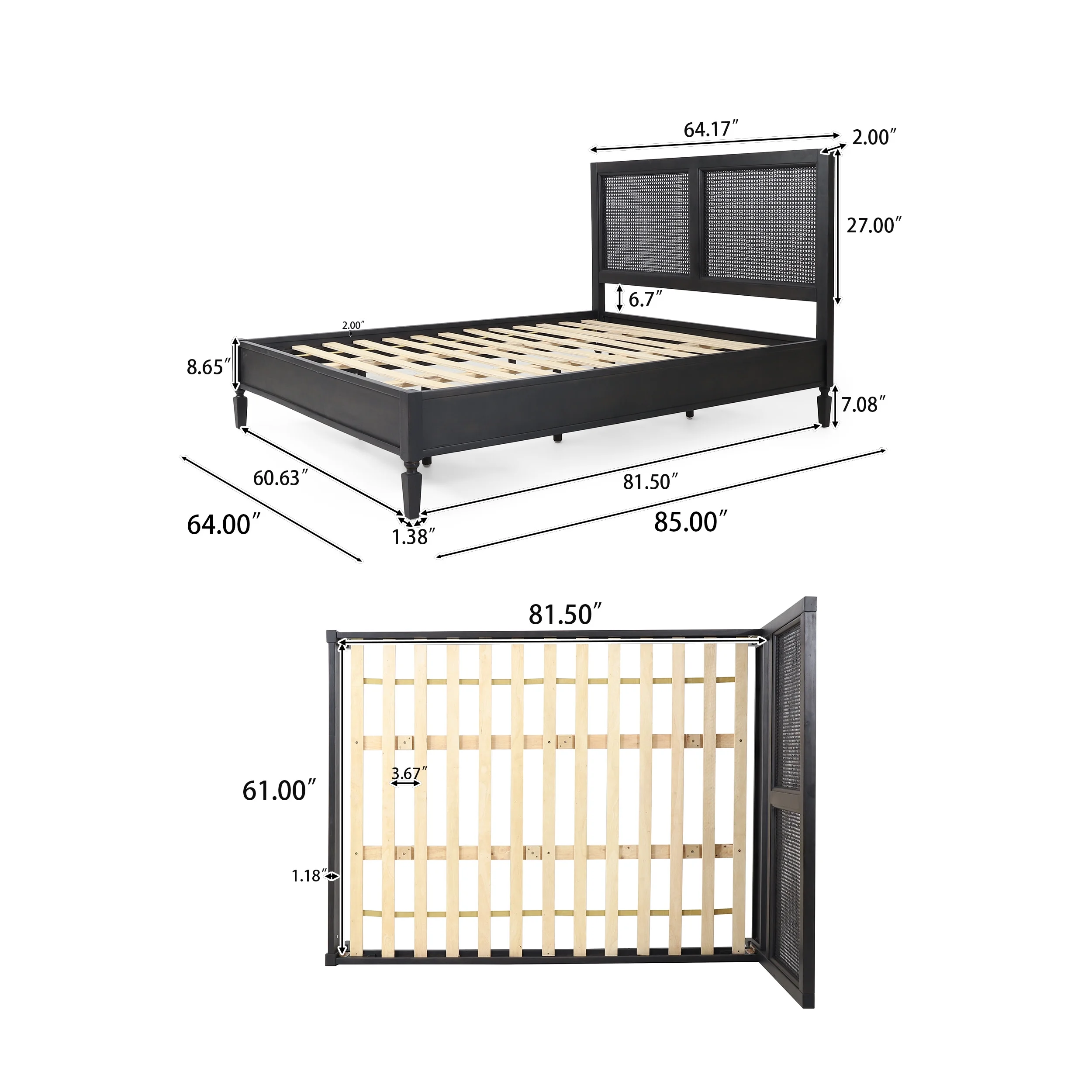 Noble House Pelon Acacia Wood and Rattan Queen Bed, Dark Gray