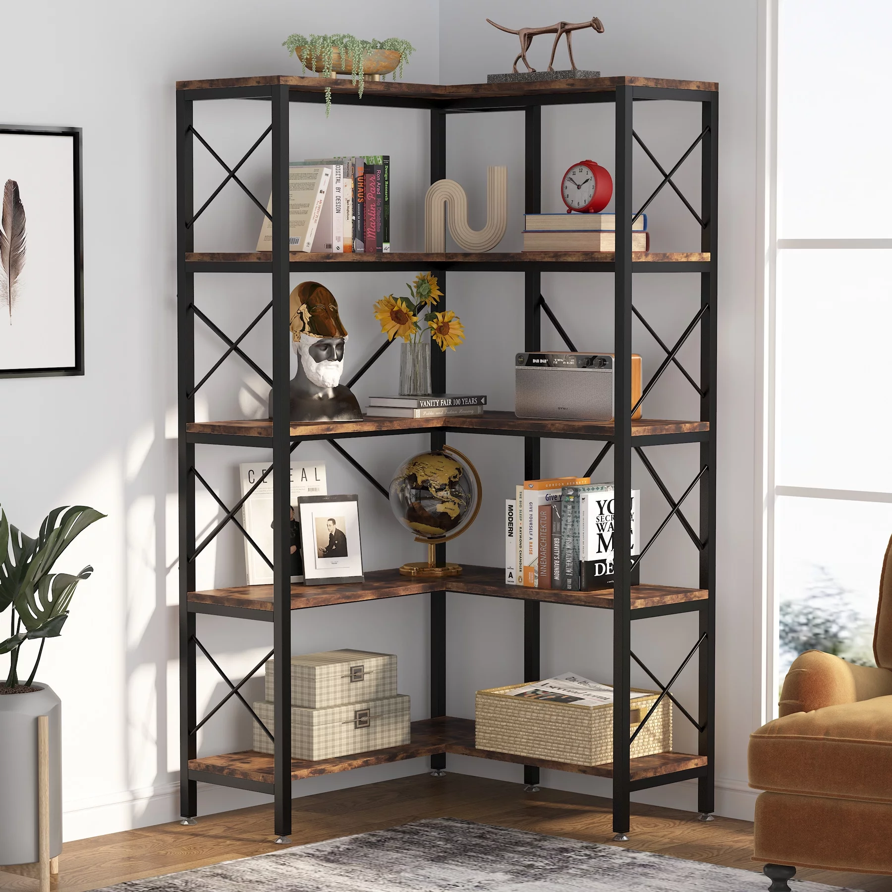 Tribesigns 5-Tier Bookshelf, Modern Corner Bookcase, Tall Corner Shelf Open Display Rack for Living Room Home Office, Rustic Brown