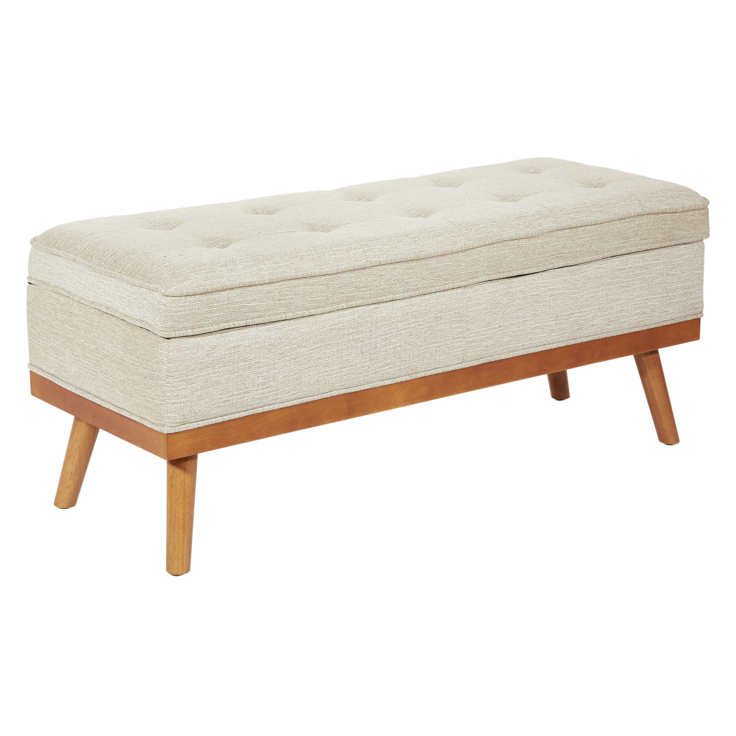 Katheryn Storage Bench in Linen Beige Fabric with Light Espresso Legs