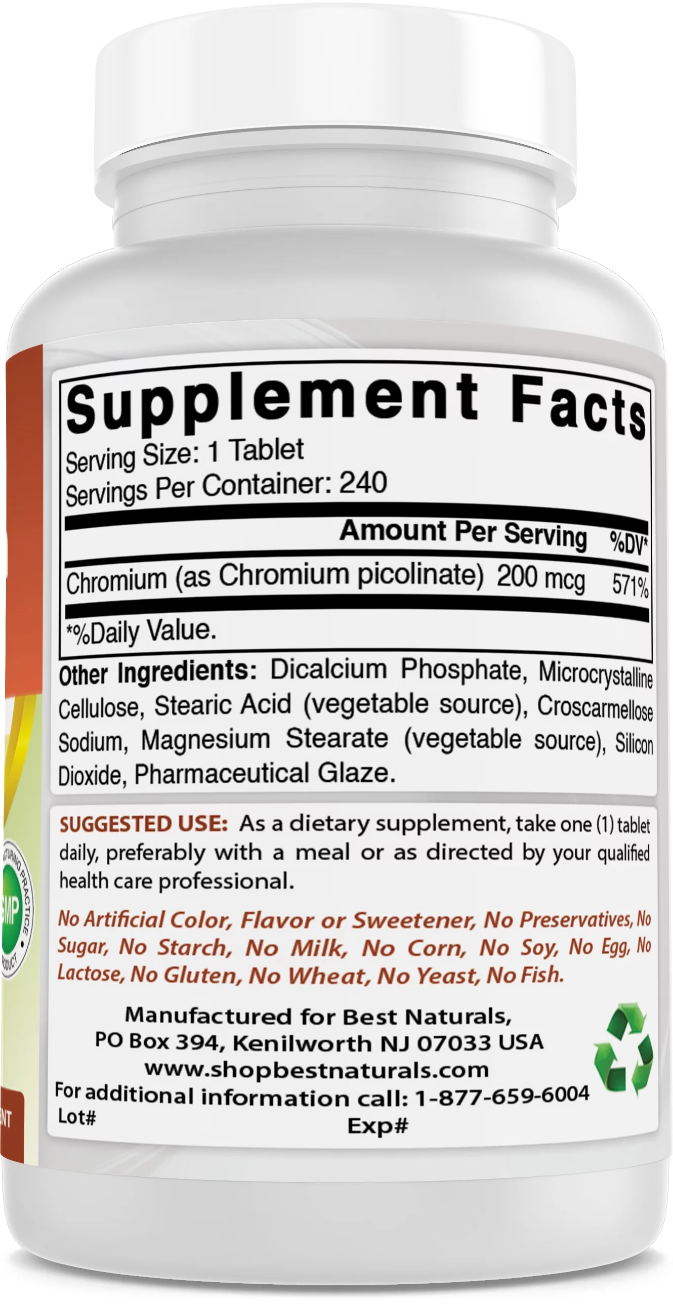 3 Pack Best Naturals Chromium Picolinate 200 mcg 240 Tablets