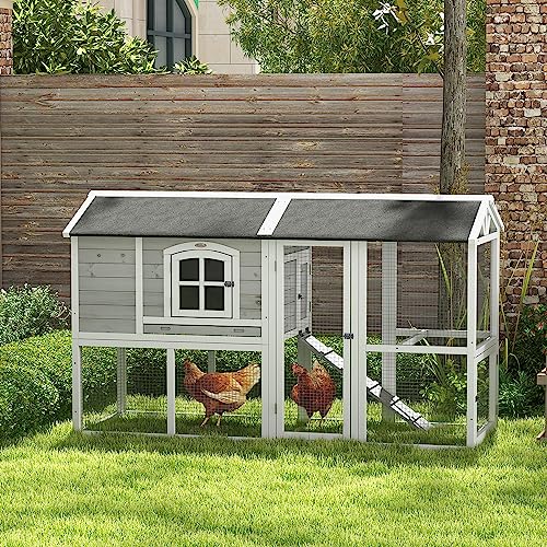 PawHut Chicken Coop, Wooden Chicken Hutch for 4 Chickens with Nesting Box, Removable Tray, Run, Hen House for Outdoor, Backyard, Farm, 77.5
